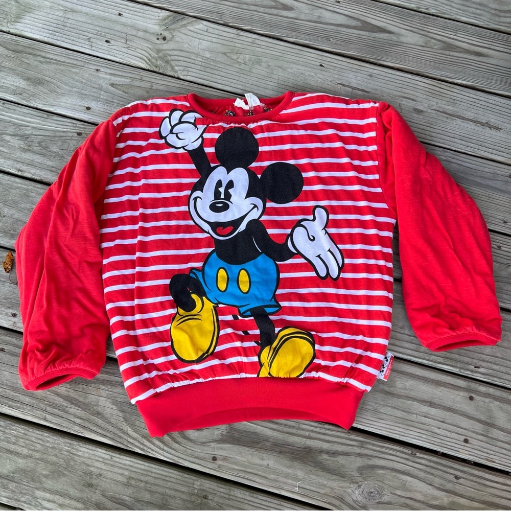 Vintage 90s Mickey Mouse Reversible Sweatshirt Red Stripe Disney One Size